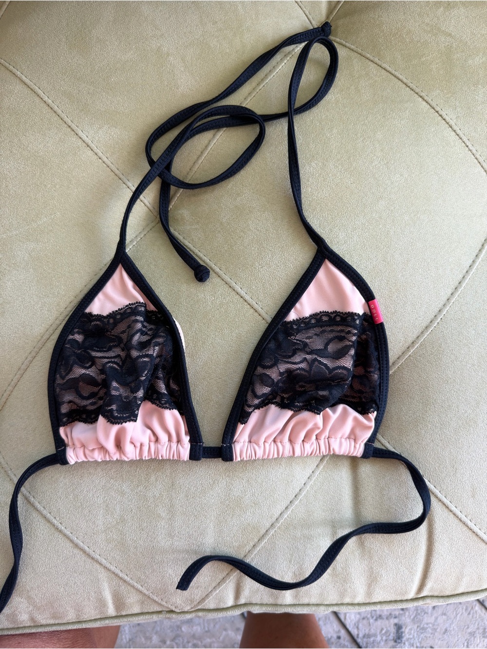 DOLL Peach Pink and Black Lace Triangle Bikini Top women’s